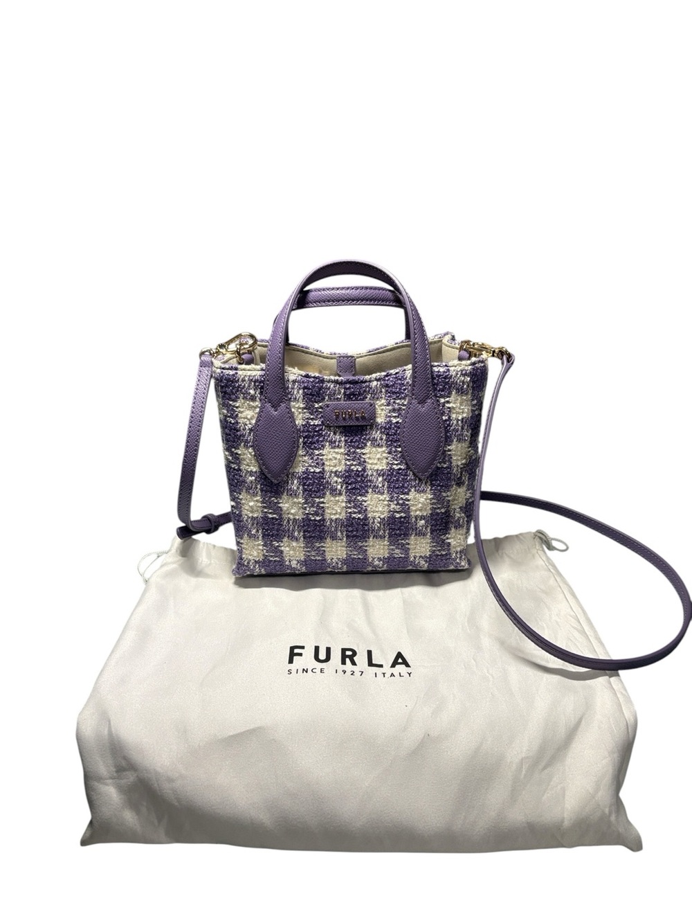 Furla Primula Mini Tweed Houndstooth Tote Crossbody Bag Purple